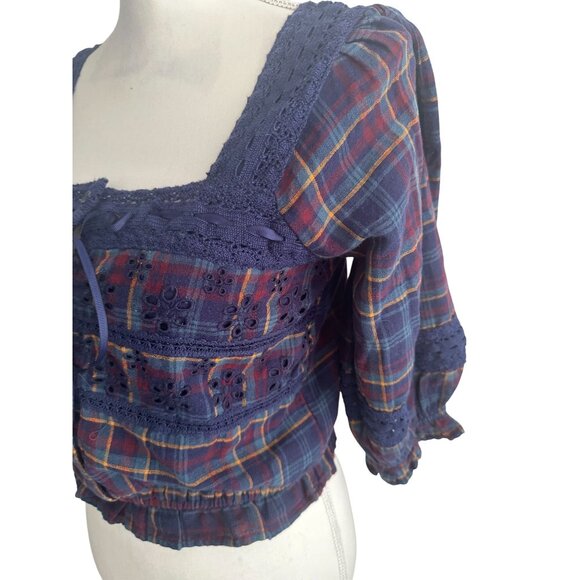 ABERCROMBIE & FITCH Navy Blue Plaid Peasant Top Size Small NEW NWT - Picture 3 of 6